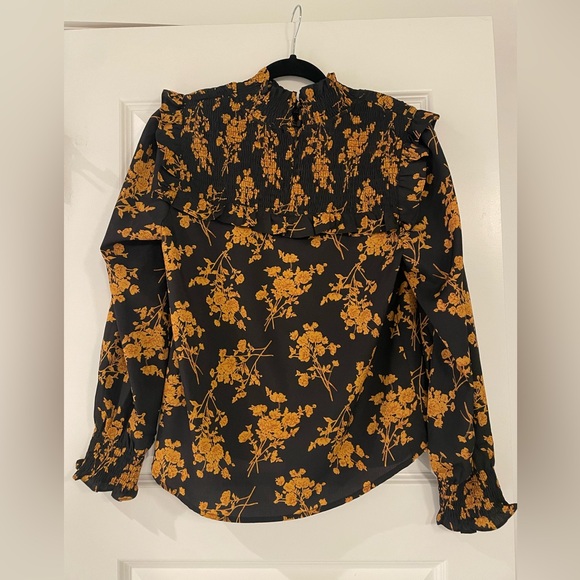 THML Floral Black and Mustard Smocked Mock Neck Women's Blouse, Medium - Picture 4 of 7